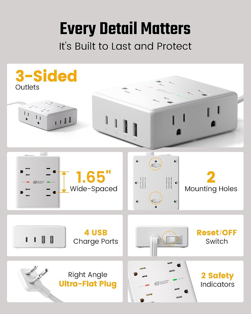 SUPERDANNY Extension Cord,Flat Plug Surge Protector Power Strip,6Ft
