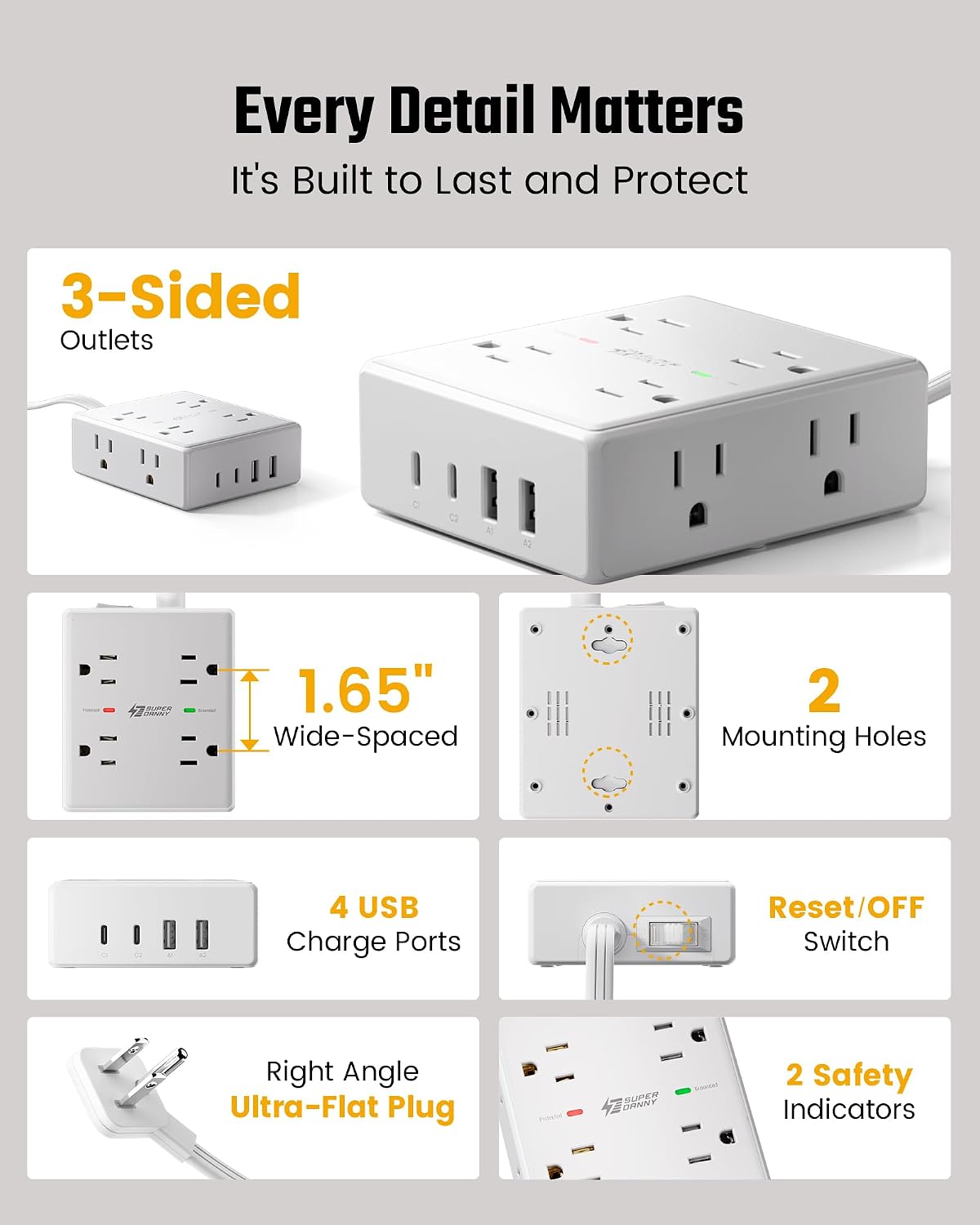 SUPERDANNY Extension Cord,Flat Plug Surge Protector Power Strip,6Ft