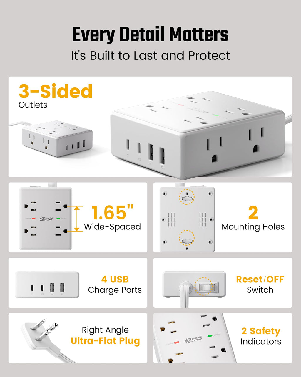 SUPERDANNY Extension Cord,Flat Plug Surge Protector Power Strip,6Ft