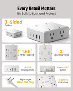 SUPERDANNY Extension Cord,Flat Plug Surge Protector Power Strip,6Ft