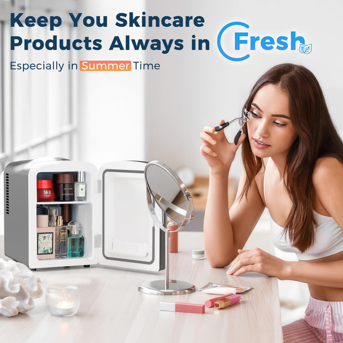 Antarctic Star Compact Refrigerator, Portable Mini Fridge, Skin Care 4L Capacity/6 Cans, for Bedroom, Car, Office & Dorm, Small Cooler for Cosmetics, Beverage and Food, White