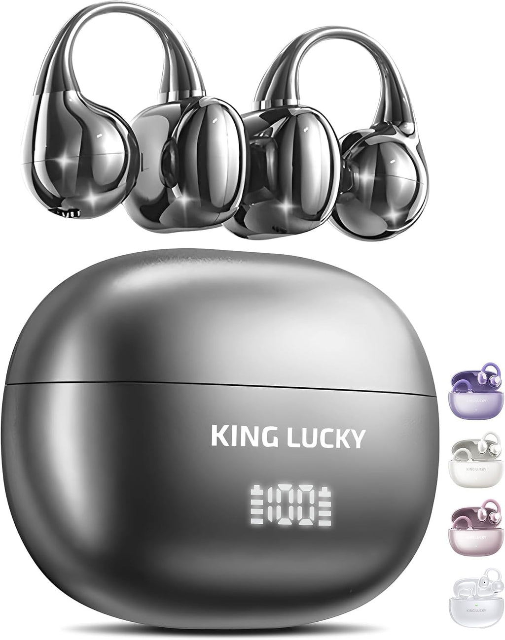 Kinglucky Clip-On Earbuds Gen 3, Open-Ear Wireless Bluetooth 6.0 Headphones with Mic, Secure Fit for Small Ears & Glasses Wearers, 50H Playtime, LED Digital Display, ENC, IPX5 Waterproof(Balck)