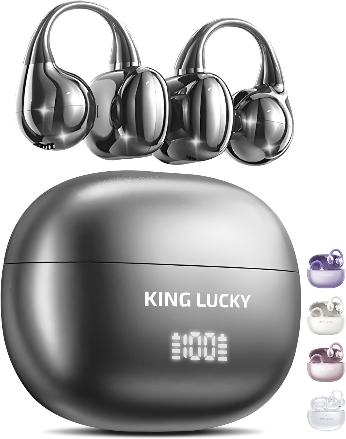 Kinglucky Clip-On Earbuds Gen 3, Open-Ear Wireless Bluetooth 6.0 Headphones with Mic, Secure Fit for Small Ears & Glasses Wearers, 50H Playtime, LED Digital Display, ENC, IPX5 Waterproof(Balck)