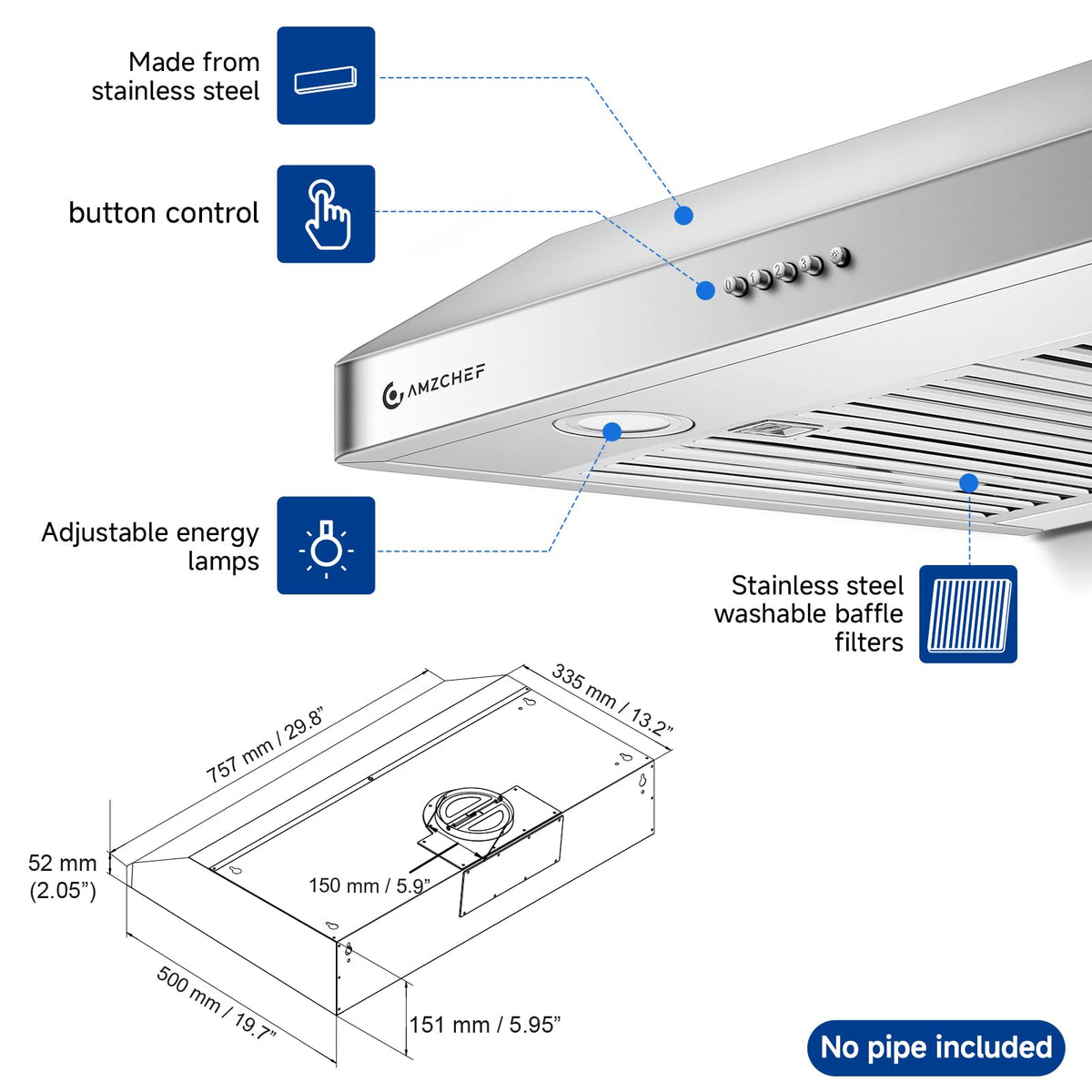 AMZCHEF 30" Under Cabinet Range Hood, 750CFM Stainless Steel Vent Hood