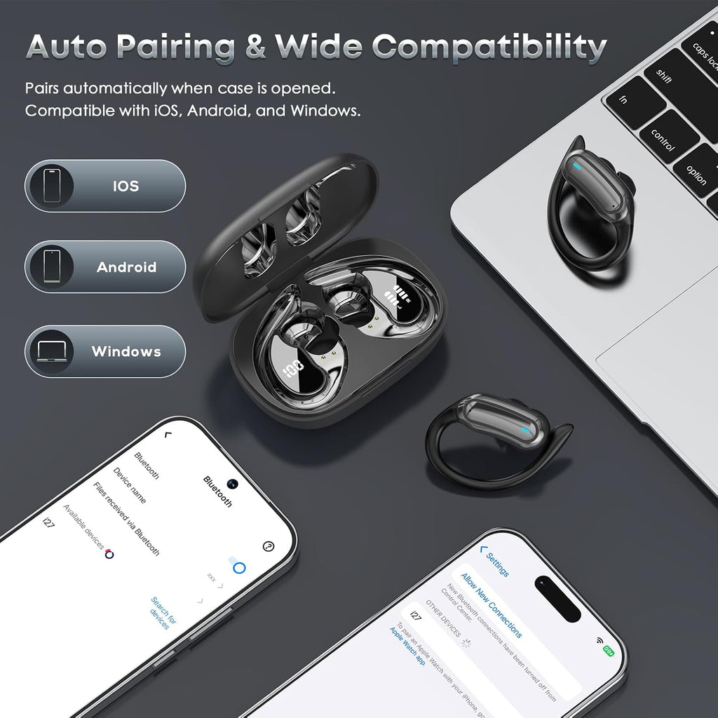 Wireless Earbuds Bluetooth Headphones, 54H Playtime Stereo Over Ear Buds with ENC Noise Cancelling, LED Power Display, IPX7 Waterproof Sport Earphones with Earhooks for Running/Workouts (Black)
