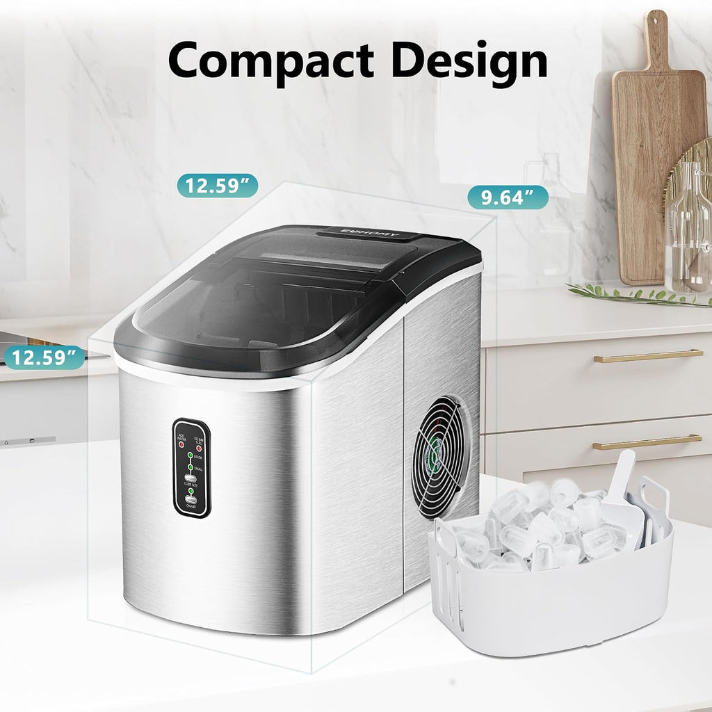 EUHOMY Ice Maker Countertop, 9 Cubes Ready in 6 Mins, 26lbs/24H, Self-Cleaning, Portable Ice Maker Machine with Carry Handle, Basket and Scoop, 2 Sizes of Bullet Ice for Home, Kitchen, Office