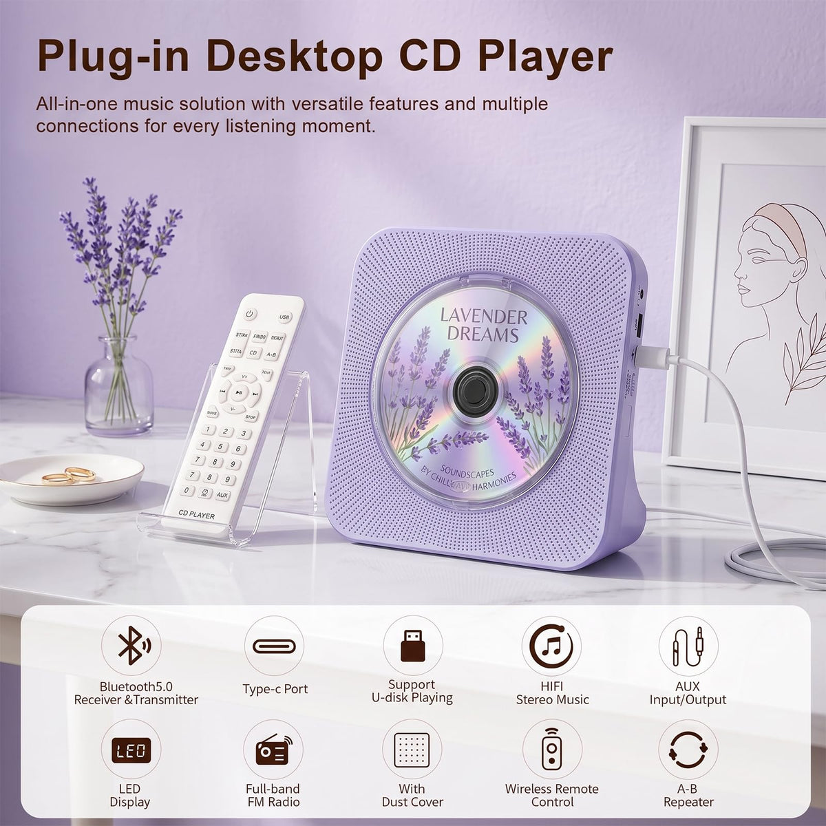 Portable CD Player with Bluetooth, Gueray Desktop CD Players for Home, Bulit-in Double HiFi Speakers, AUX&Headphone Jack, FM Radio Boombox with Remote Control, USB Port,LCD Display (White)