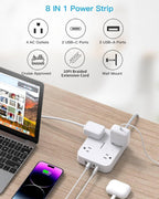 10 Ft Extension Cord, Flat Power Strip with 4 Outlets 4 USB Ports (2 USB C)
