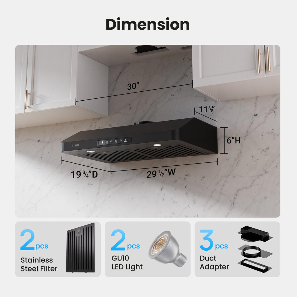 VIKIO HOME 30 Inch Under Cabinet Range Hood, 980CFM Fast Venting Ducted, Kitchen Hood With 3 Speed Gesture Sensing & Touch Control, Stainless Steel Stove Hood With LED Light And 2 Baffle Filters