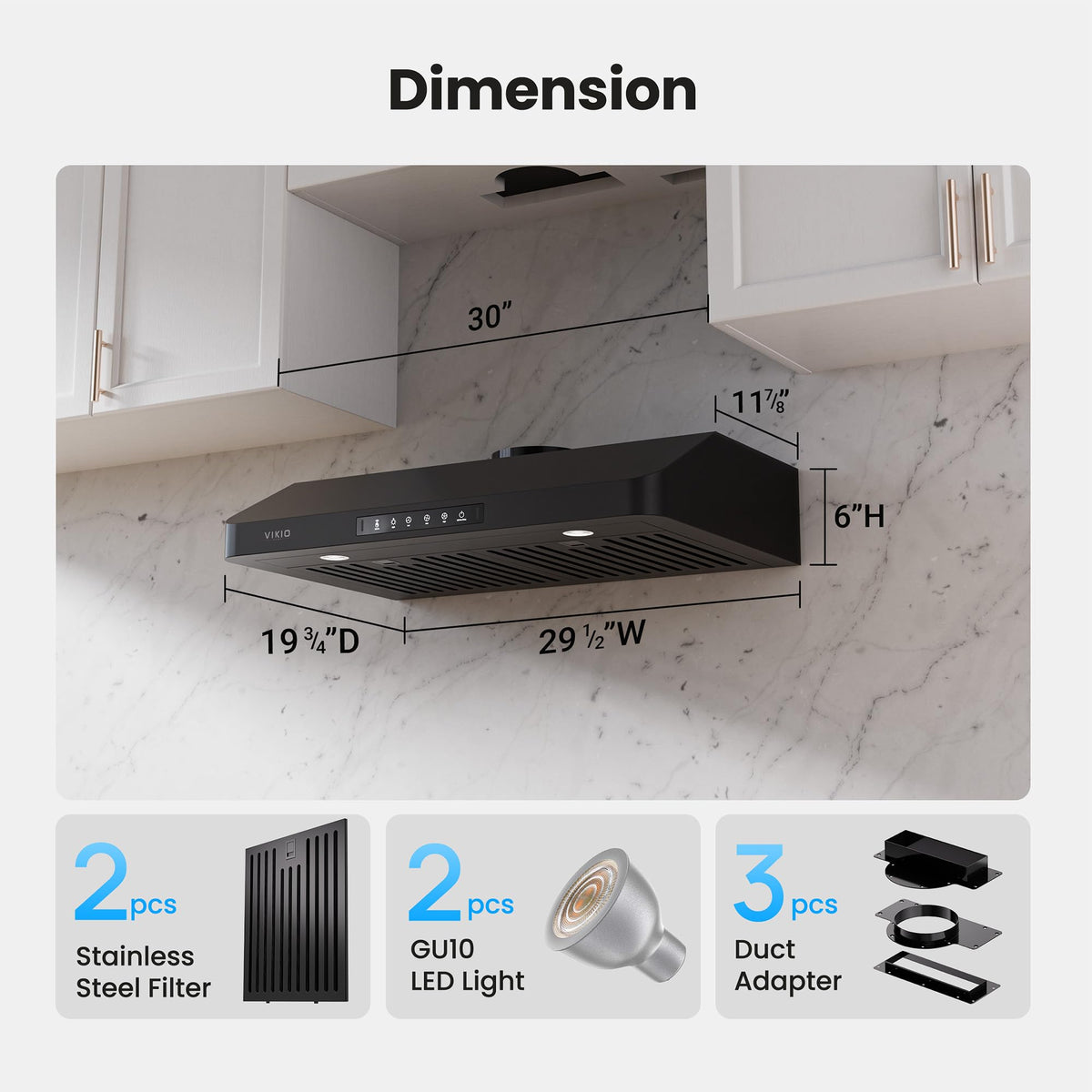 VIKIO HOME 30 Inch Under Cabinet Range Hood, 980CFM Fast Venting Ducted, Kitchen Hood With 3 Speed Gesture Sensing & Touch Control, Stainless Steel Stove Hood With LED Light And 2 Baffle Filters