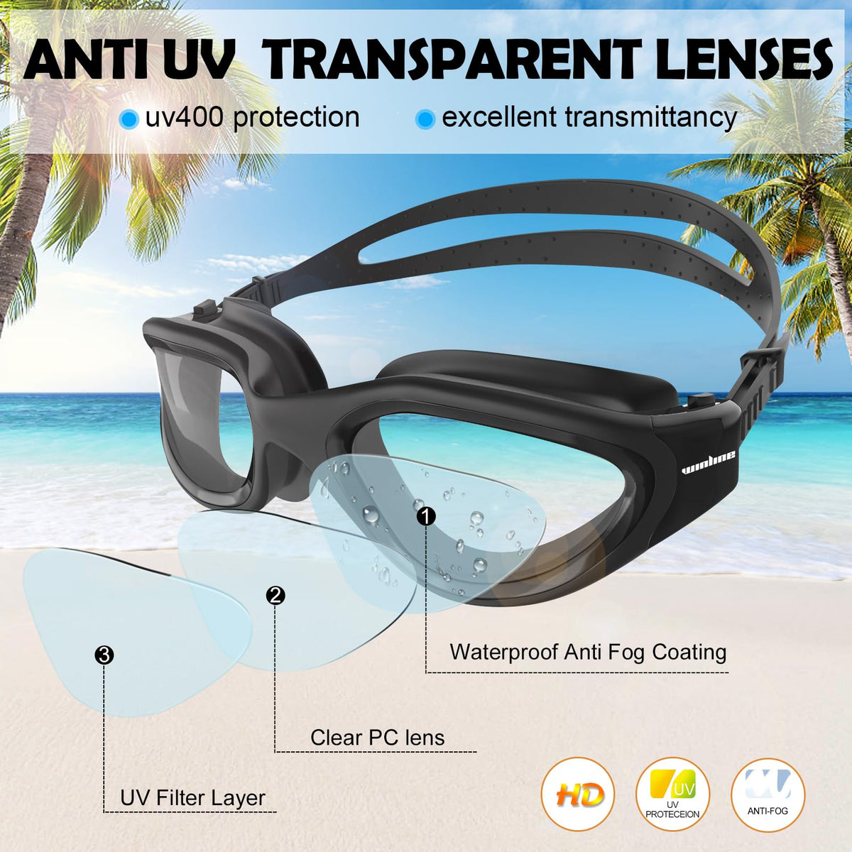 Winline Adult Swimming Goggles,Open Water Goggles Swimming Anti Fog UV Protection No Leakage Clear Vision Easy to Adjust for Adults Men Women Teenagers