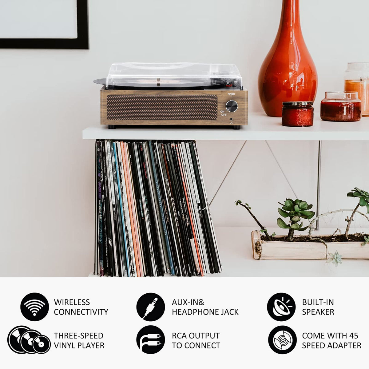 Seasonlife® Retro Vinyl Record Player with Stereo Speakers,Walnut Brown