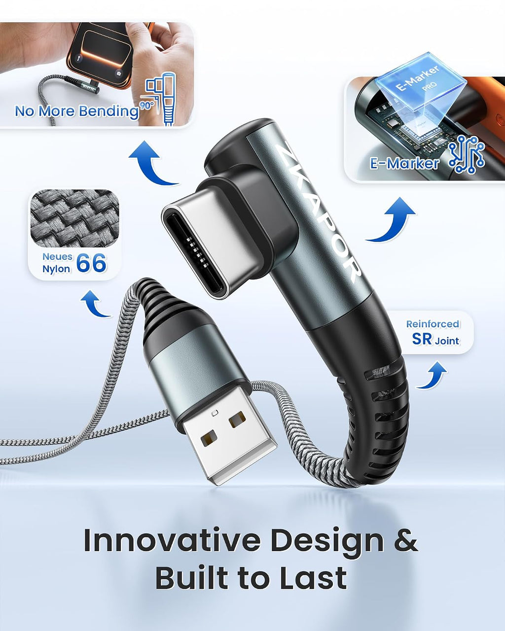 ZKAPOR USB C Cable 1M, USB C Charger Cable Right Angle Fast Charging USB C