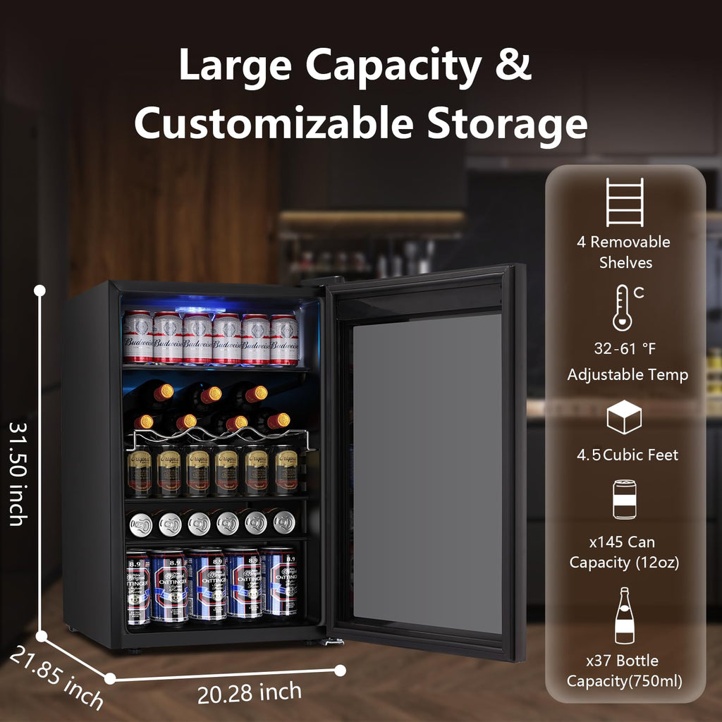 Electactic 48 Can Beverage Refrigerator,12 Bottle Wine Cooler with Seamless Stainless Steel & Glass Door, Digital Temperature Display, Countertop Mini Fridge for Soda, Wine or Beer, Silver
