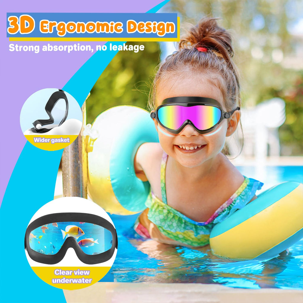 COOLOO Kids Swimming Goggles for Age 4-14, 2 Pack Wide Vision Kids Goggles