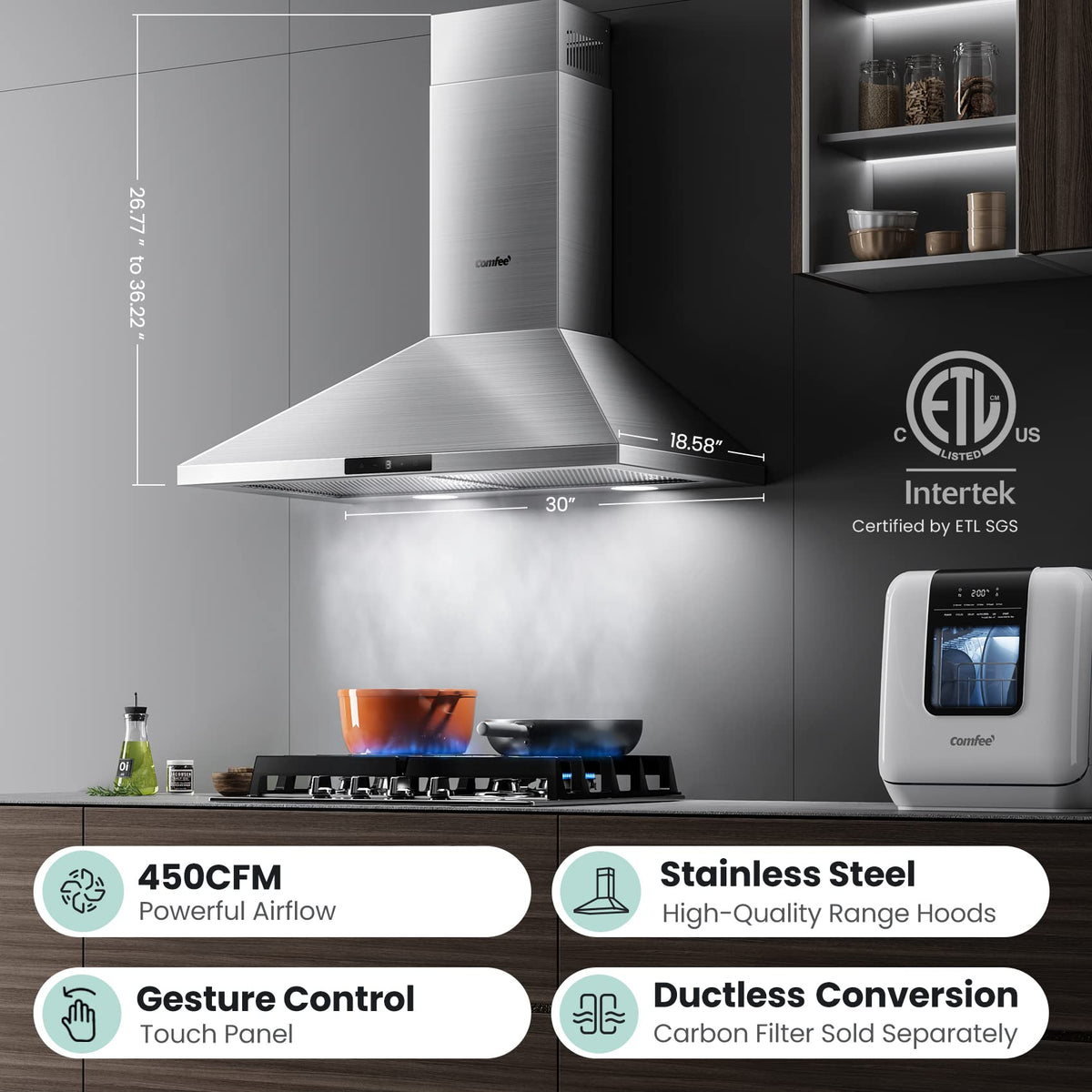 COMFEE' Wall Mount Range Hood 30 Inch, 450 CFM Ducted/Ductless Convertible