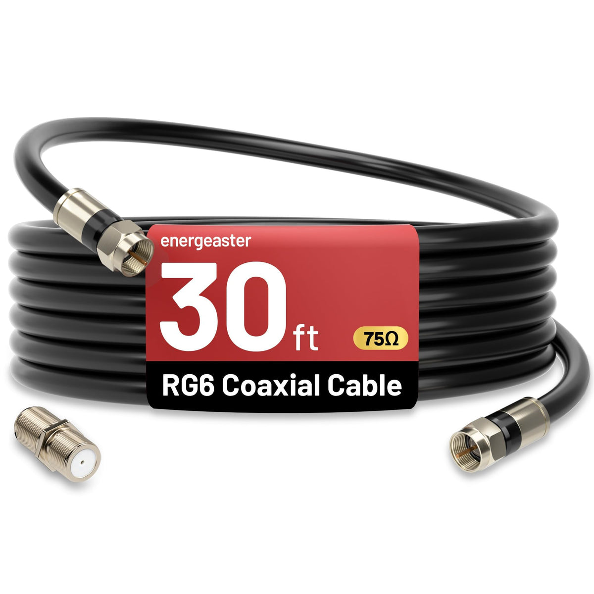 energeaster 10FT RG6 Coaxial Cable with Waterproof Rubber Boot, Black