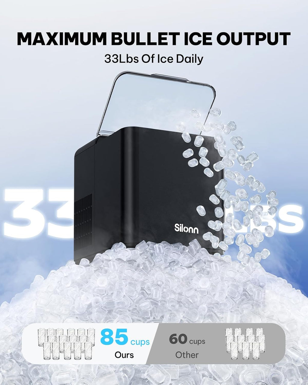 Silonn Ice Maker Countertop, 9 Cubes Ready in 6 Mins, 26lbs in 24Hrs, Self-Cleaning Ice Machine with Ice Scoop and Basket, 2 Sizes of Bullet Ice for Home Kitchen Office Bar Party
