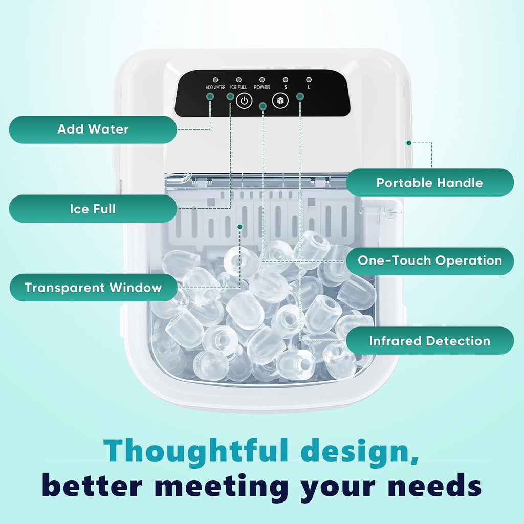 Sweetcrispy Countertop Ice Maker with Scoop, Basket and Handle, Portable Ice Machine 9 Cubes Ready in 6 Mins, 26.5lbs in 24Hrs, 2 Sizes for Home Kitchen Office Bar Party