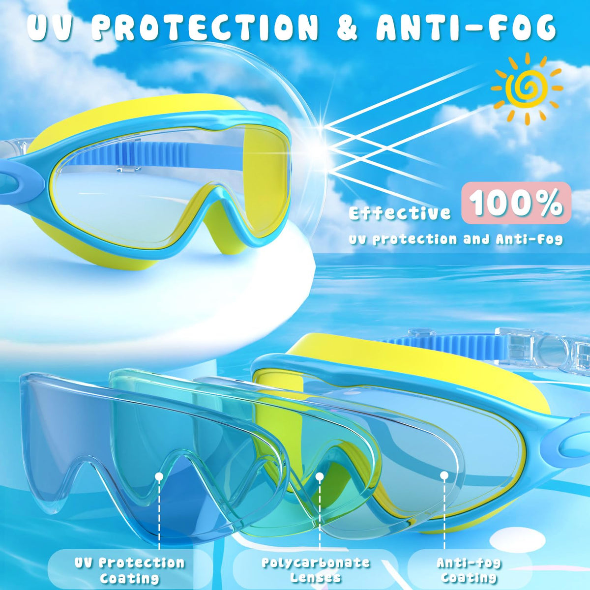 COOLOO Kids Swimming Goggles for Age 3-15, 2 Pack Anti Fog Kids Goggles
