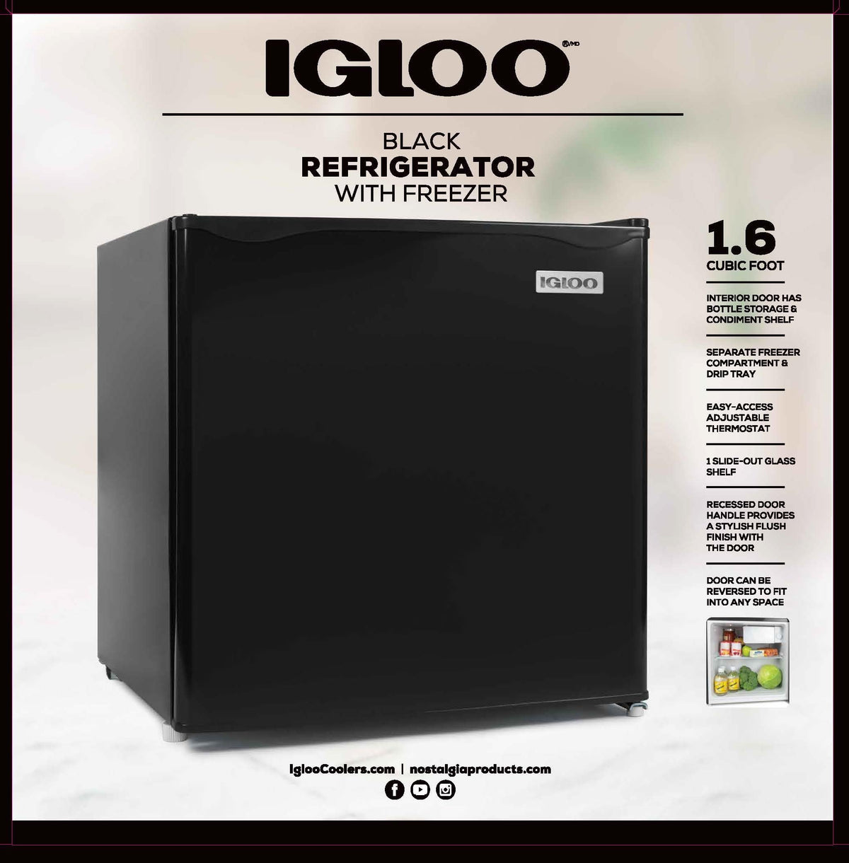 Igloo 2.6 Cu.Ft Mini Fridge with Freezer- Single Door Compact Refrigerator with Glass Shelves for Homes, Dorms & Offices- Keep Snacks, Drinks & Frozen Foods Cool with Temperature Control Fridge- White