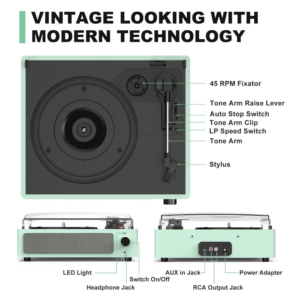 Seasonlife® Retro Vinyl Record Player with Stereo Speakers,Walnut Brown