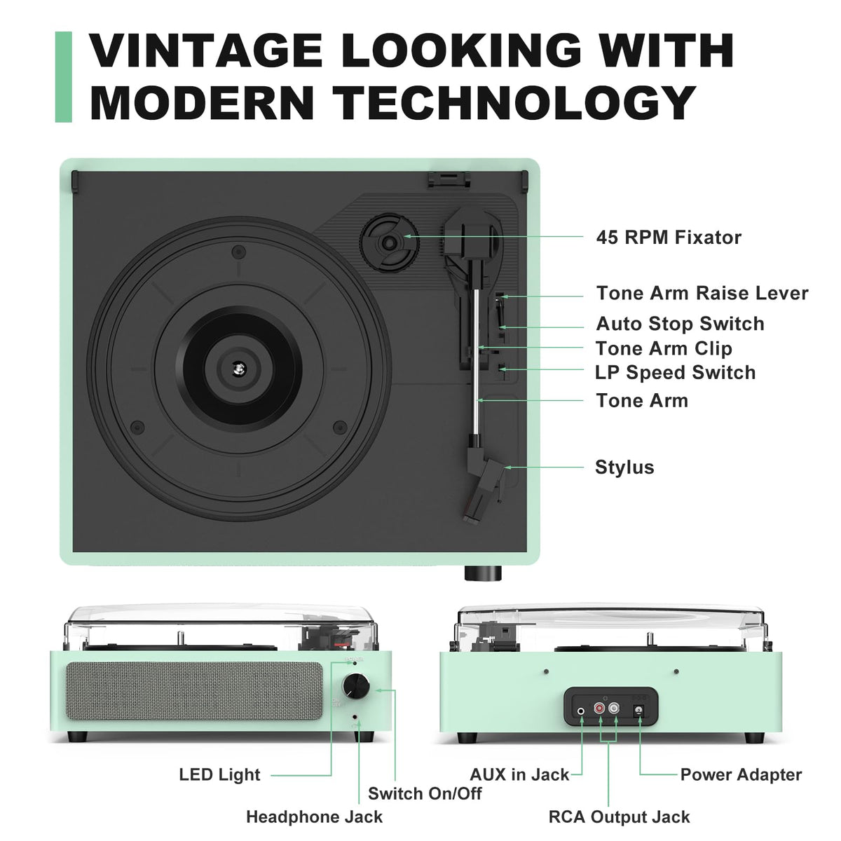 Seasonlife® Retro Vinyl Record Player with Stereo Speakers,Walnut Brown