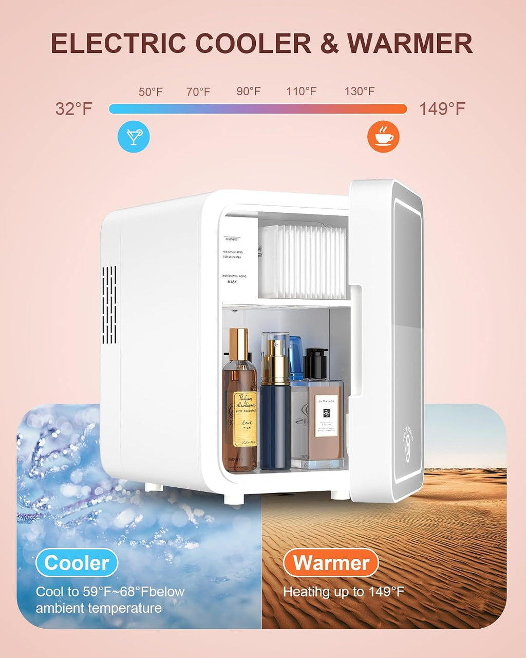 CUTIEWORLD Skincare Fridge - 4L Makeup Fridge for Refrigerating Makeup, Skincare and Food, Mini Fridge for Bedroom, Office and Car, Cooler and Warmer, Beverage Cooler, Leather Pink
