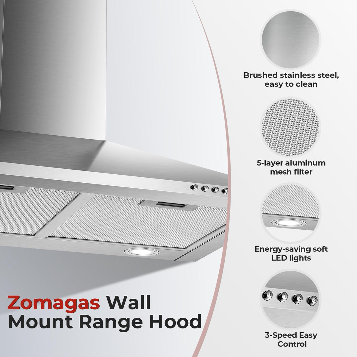 24 inch Range Hood, Ducted/Ductless Range Hood 450CFM, Wall Mount
