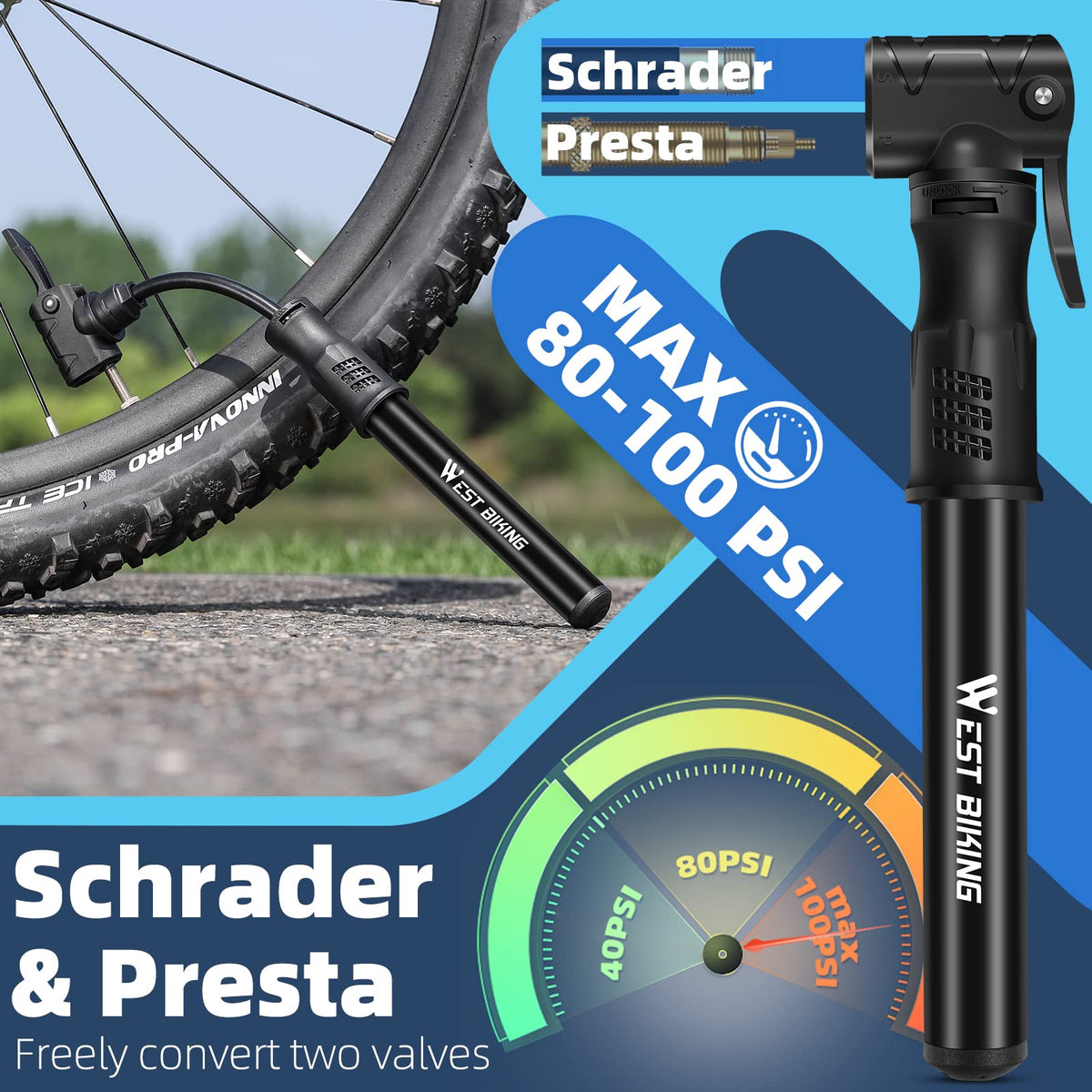 Bicycle Pump Mini Bike Pump Aluminum Alloy Cycle Pump for Presta & Schrader Valve, Portable Lightweight Bike Tyre Pump Fast Tyre Inflation Mini Air Pump For Mountain Road Bike Ball Pump