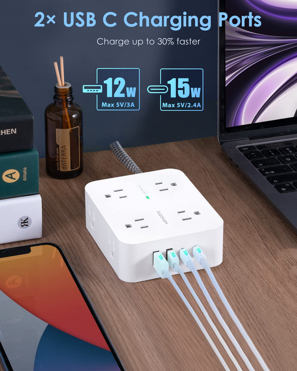 HANYCONY Surge Protector Power Strip, 10 Ft Braided Extension Cord, 1080J