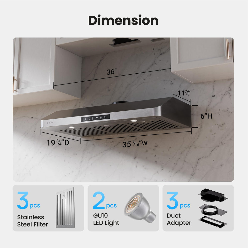 VIKIO HOME 30 Inch Under Cabinet Range Hood, 980CFM Fast Venting Ducted, Kitchen Hood With 3 Speed Gesture Sensing & Touch Control, Stainless Steel Stove Hood With LED Light And 2 Baffle Filters
