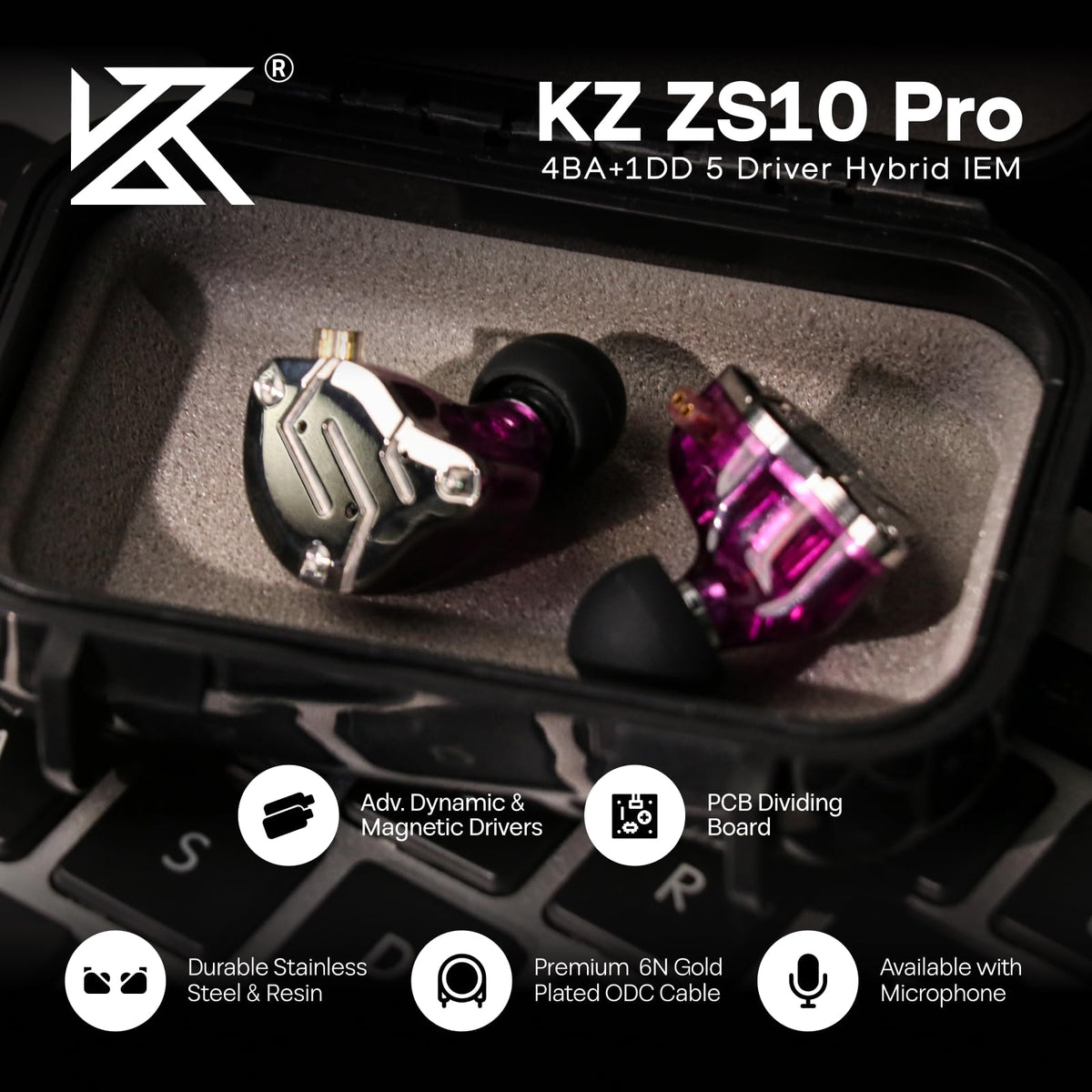 Linsoul KZ ZS10 Pro, 4BA+1DD 5 Driver in Ear Monitor, HiFi Wired Earbuds, Gaming Earbuds, Hybrid IEM Earphones with Stainless Steel Faceplate, Detachable Cable for Musician(with Mic, Dark Black)