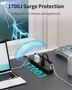 6FT Surge Protector Power Strip, 1700J, 5AC&1A2C, Flat Plug Extension Cord