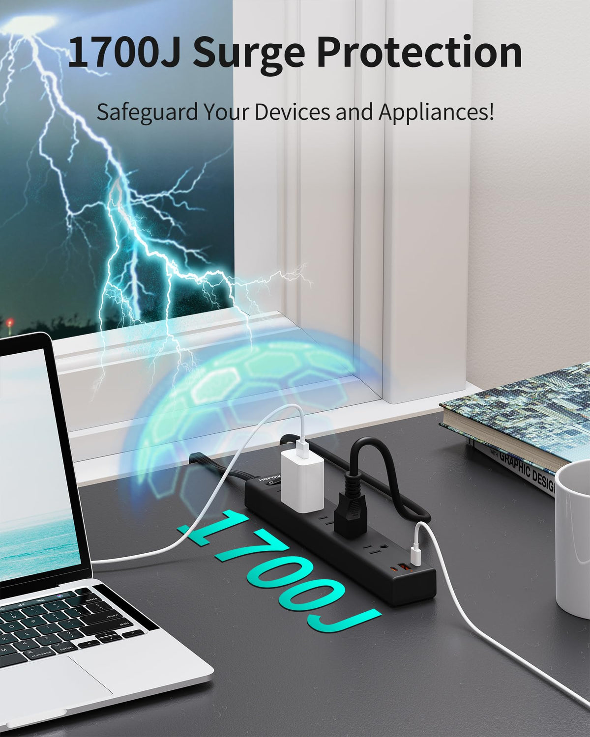6FT Surge Protector Power Strip, 1700J, 5AC&1A2C, Flat Plug Extension Cord