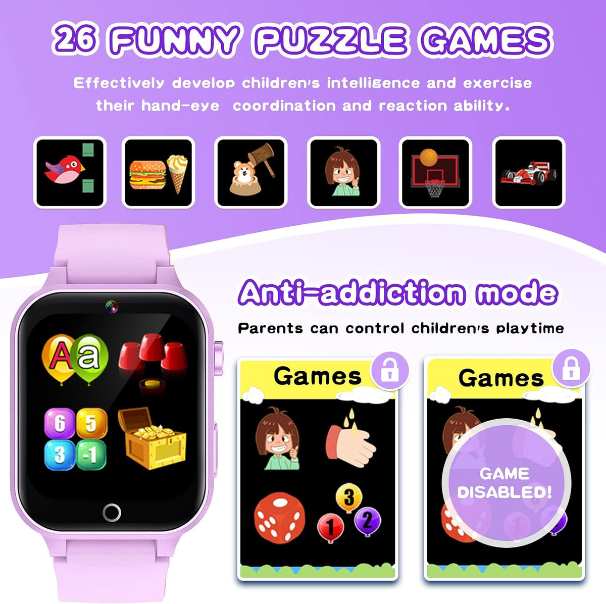 Kids Smart Watches Girls Age 5-12, 26 Games High-Resolution Touchscreen Kids Watch with Video Camera Music Player Pedometer Flashlight 12/24 hr Educational Toys Birthday Gifts for Girls Ages 6 7 8