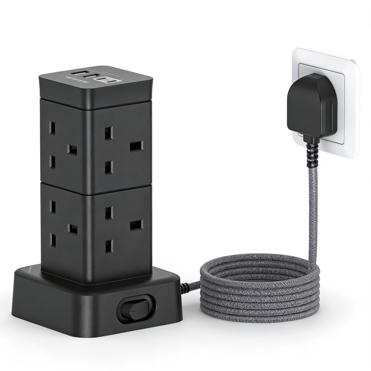 3M Tower Extension Lead with 2 USB C Slots, 8 Way Outlets Power Strip, 10Ft