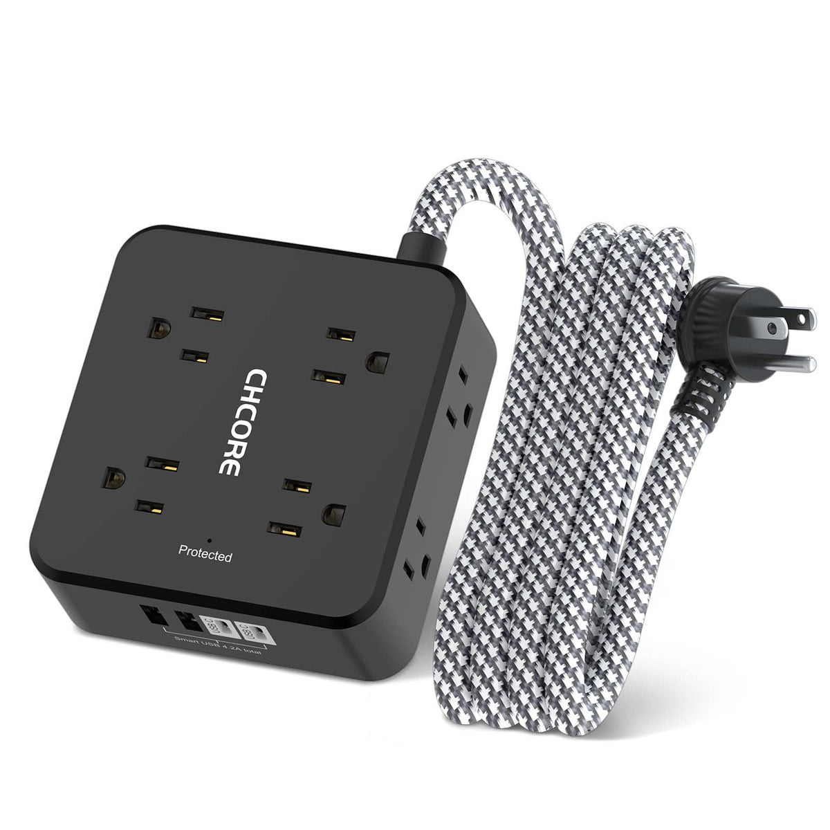 Surge Protector Power Strip - CHCORE 10 Ft Braided Extension Cord with 8 Outlets with 4 USB (2 USB C) Charging Ports, Flat Plug Multi Plug Outlet Extender Charging Station for Home Office, ETL, White