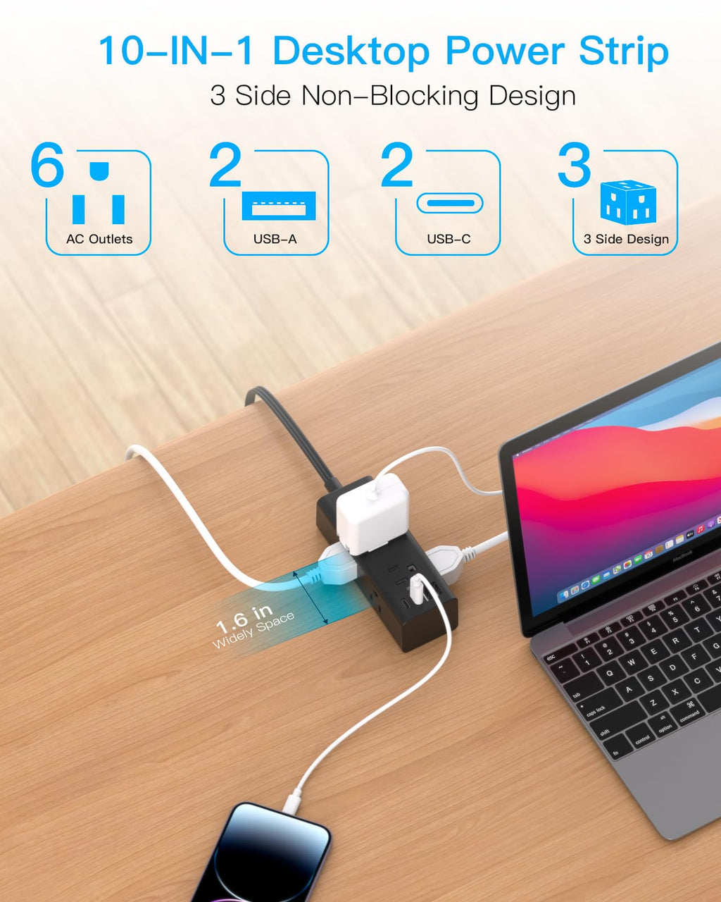 One Beat 10Ft Extension Cord with Multiple Outlets,Flat Plug Power Strip