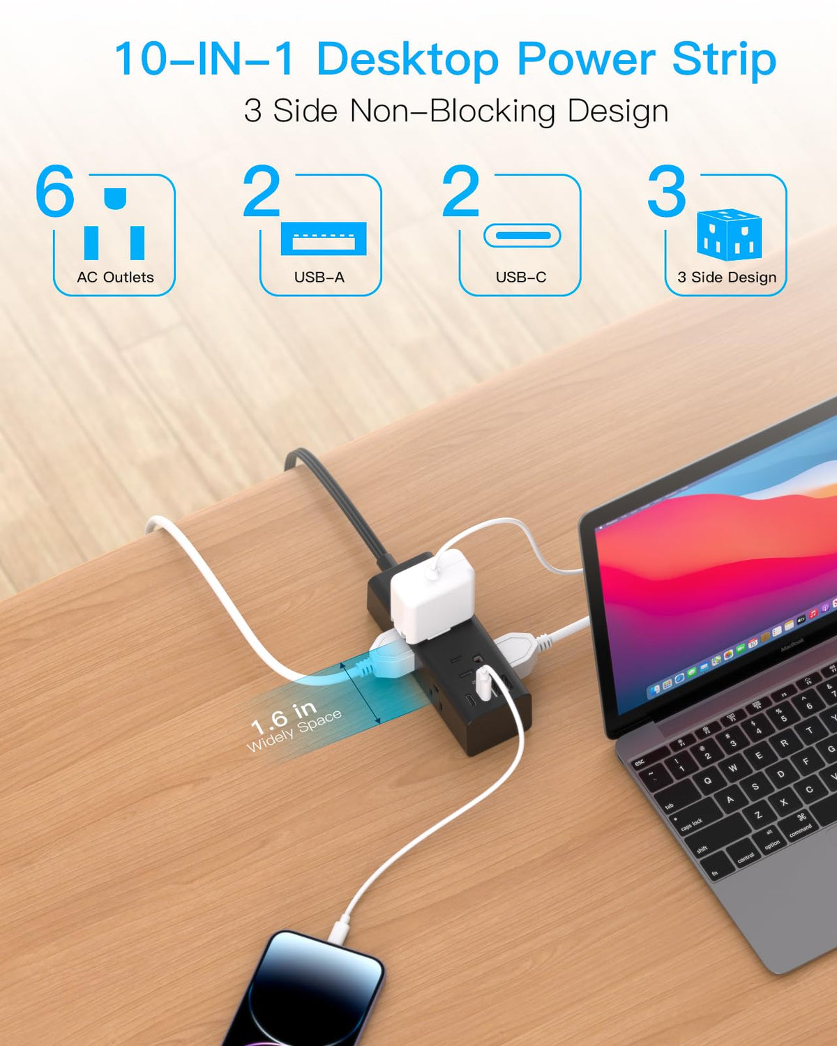 One Beat 10Ft Extension Cord with Multiple Outlets,Flat Plug Power Strip