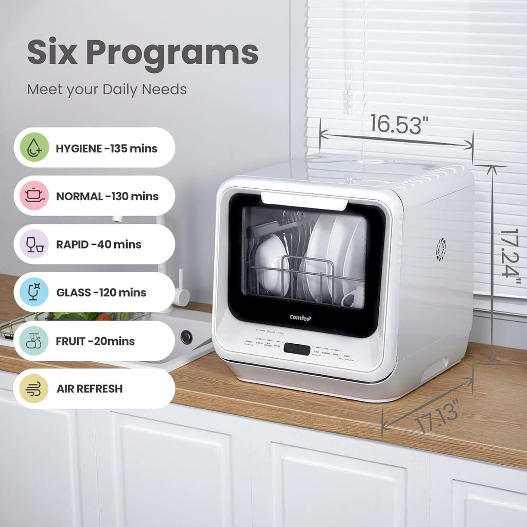 COMFEE' Portable Mini Dishwasher Countertop with 1.32Gal Built-in Water Tank for Apartments& RVs, No Hookup Needed, 6 Programs, 360° Dual Spray, 162℉ High-Temp& Air-Dry Function