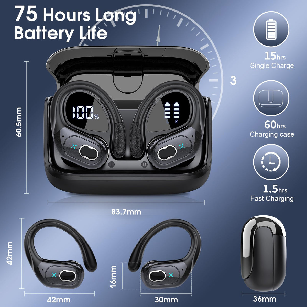 Aptkdoe Wireless Earbuds 75H Bluetooth 5.4 Sport Headphones with Earhooks