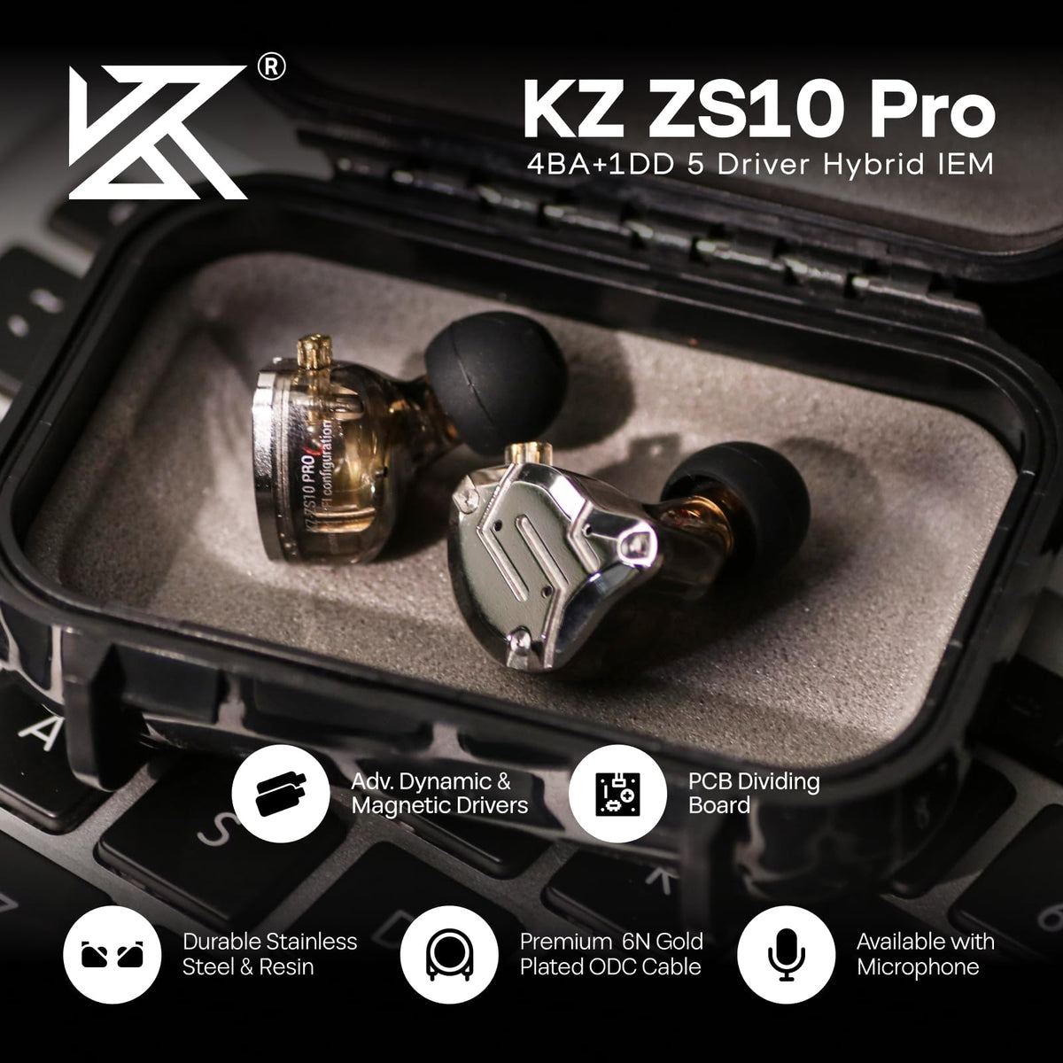 Linsoul KZ ZS10 Pro, 4BA+1DD 5 Driver in Ear Monitor, HiFi Wired Earbuds, Gaming Earbuds, Hybrid IEM Earphones with Stainless Steel Faceplate, Detachable Cable for Musician(with Mic, Dark Black)