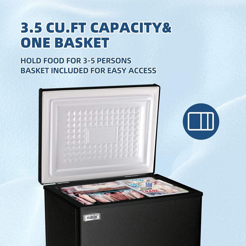 Chest Freezer 3.5 Cu.Ft Small Deep Freezer Top Door Mini Freezer with Removable Basket, Low Noise, 7 Adjustable Temperature and Energy Saving Perfect for Home Garage Basement Dorm or Apartment