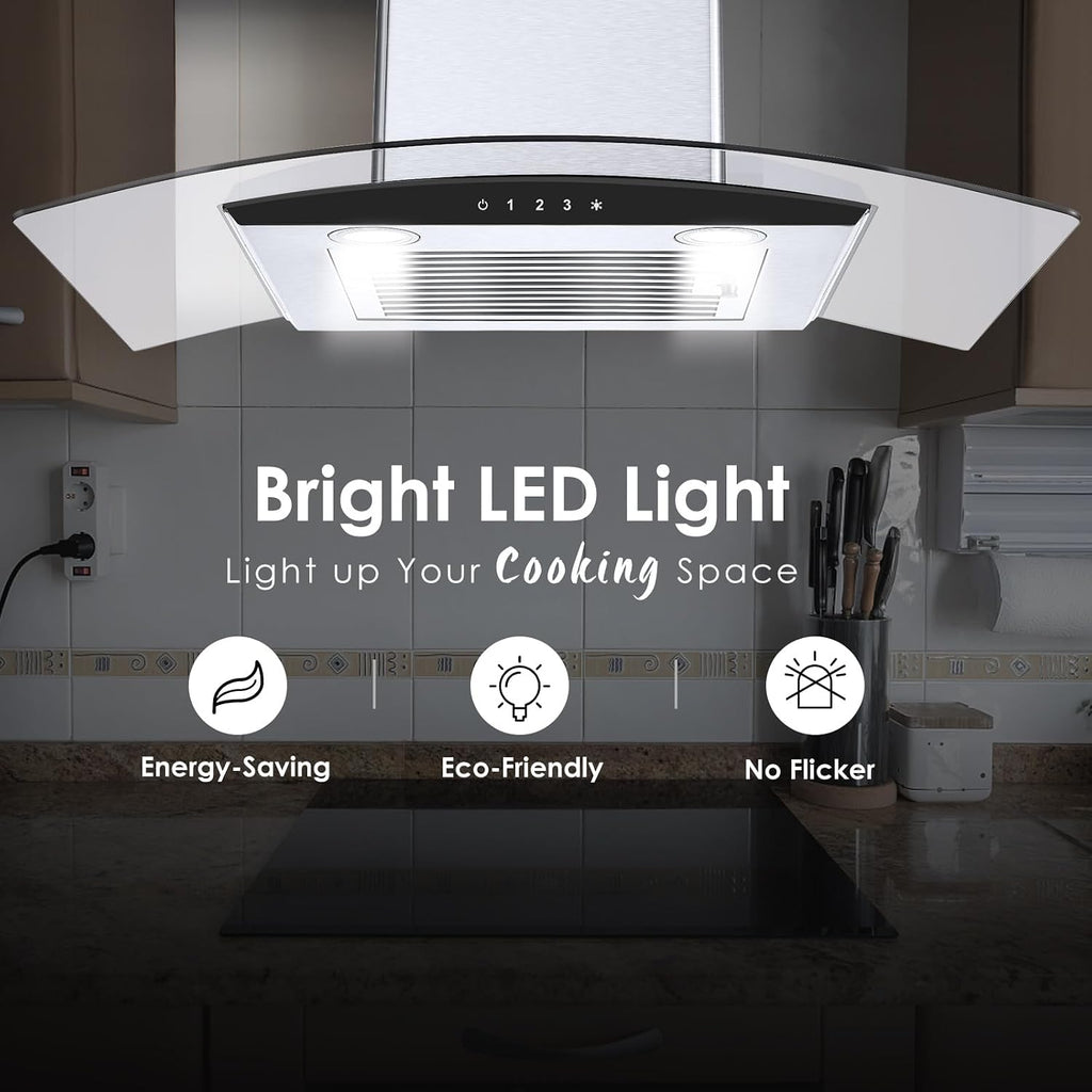 Tieasy Range Hood 30 Inch, 450 CFM Wall Mount Kitchen Hood with Ducted/Ductless Convertible Stainless Steel Filter Range Hoods 3-Speed Touch Control LED Lights
