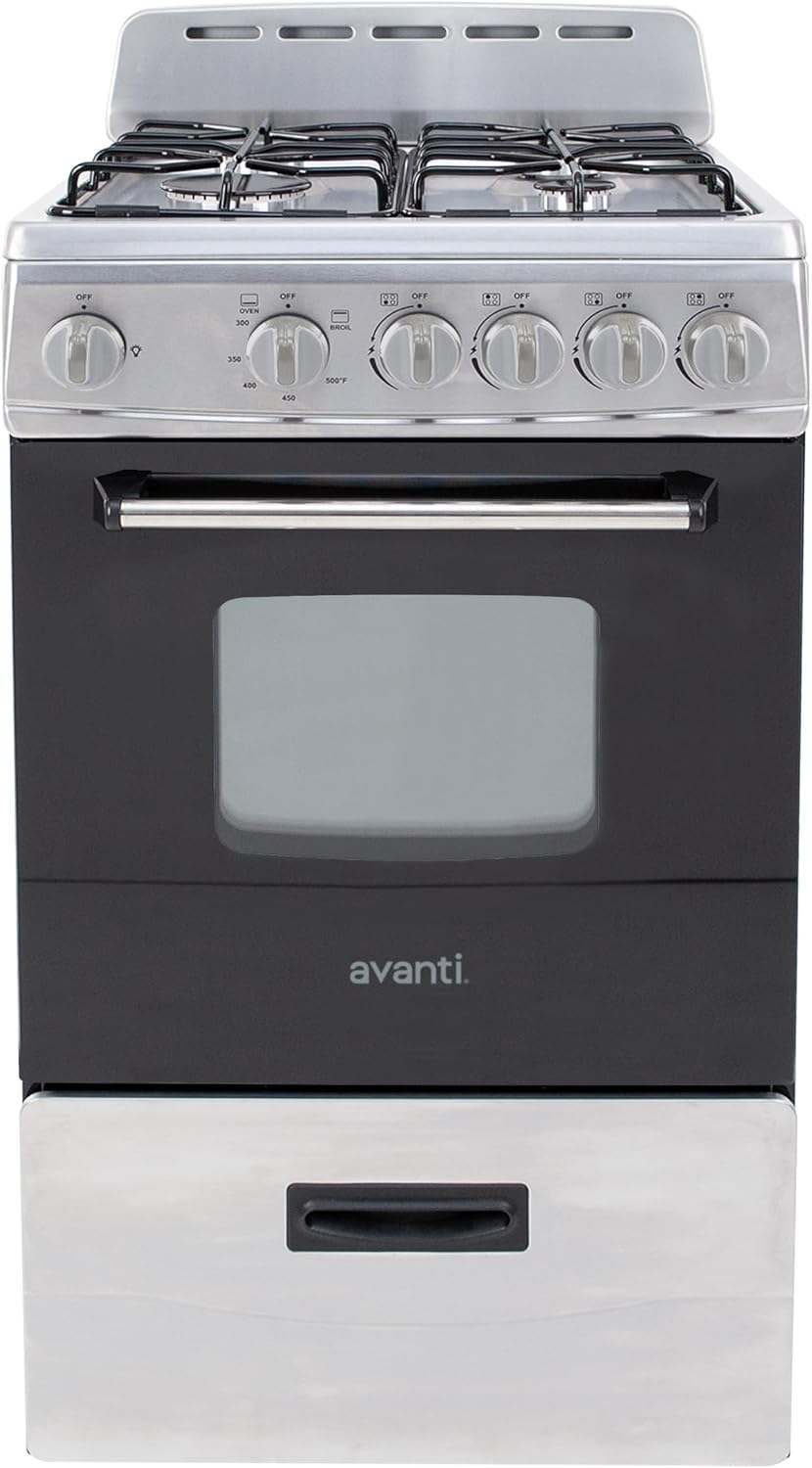 Avanti Compact Gas Range Oven, 4 Sealed Burners, 20-Inch, Stainless Steel