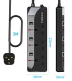 PIBEEX Extension Lead 2 Way Plug Sockets with Individual Switches Wall Mountable Power Strip 3M Extension Cable 13A Fused UK Plug 3250W