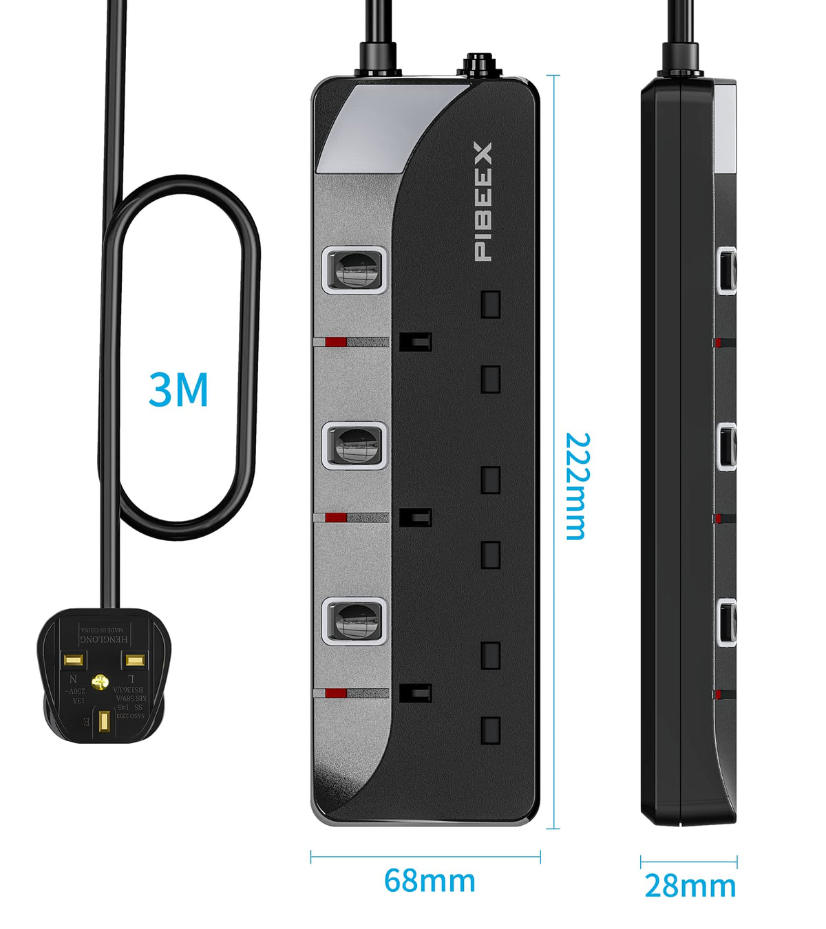 PIBEEX Extension Lead 2 Way Plug Sockets with Individual Switches Wall Mountable Power Strip 3M Extension Cable 13A Fused UK Plug 3250W