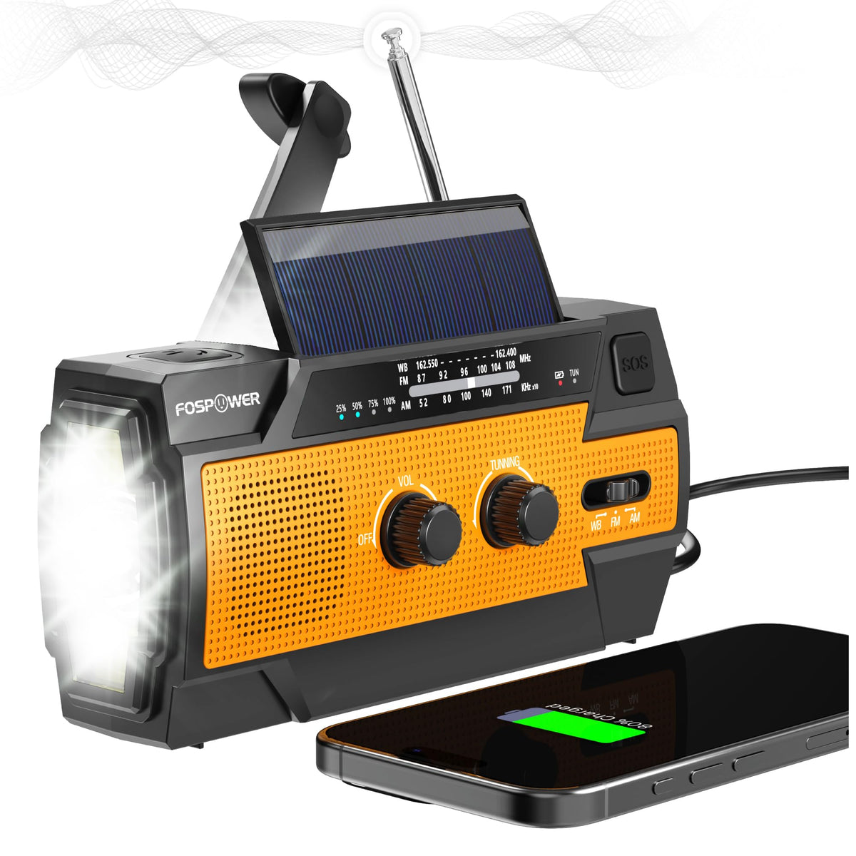 FosPower NOAA Emergency Weather Radio A1 7400mWh Solar Hand Crank (Orange)