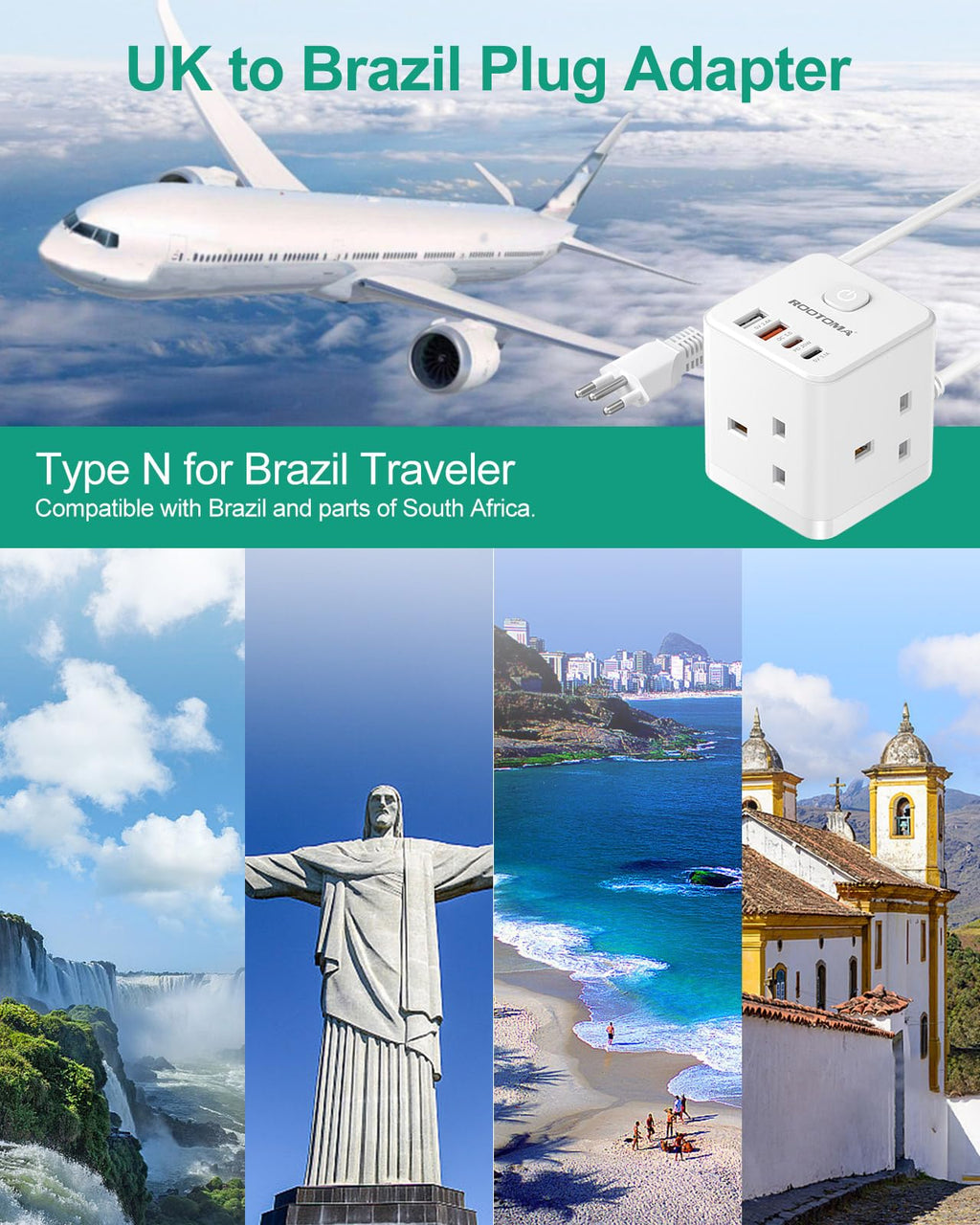 South Africa Plug Adapter, PD20W 3 Way Cube Extension Lead, Type M,1.5M